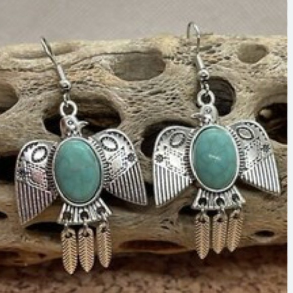 Turquoise Stone Feather Silver Bird Earrings - Picture 11 of 16